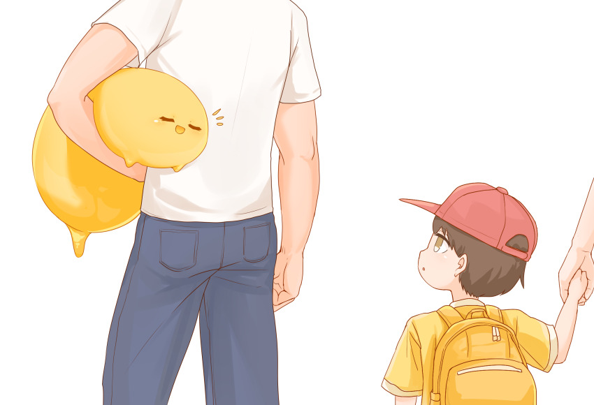 backpack bag baseball_cap brown_eyes brown_hair carrying carrying_under_arm closed_eyes creature denim from_behind happy hat highres hikyou_takarasou holding holding_hands jeans monster open_mouth original pants red_hat simple_background slime_(creature) slime_(substance) white_background