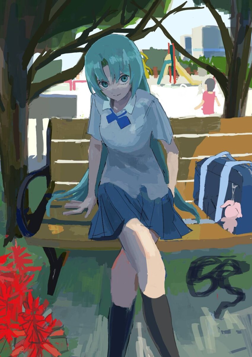 1girl bag bow bowtie green_eyes hair_tie highres higurashi_no_naku_koro_ni kneehighs on_bench playground pleated_skirt sasamoti13 shirt shoulder_bag skirt socks sonozaki_shion white_shirt