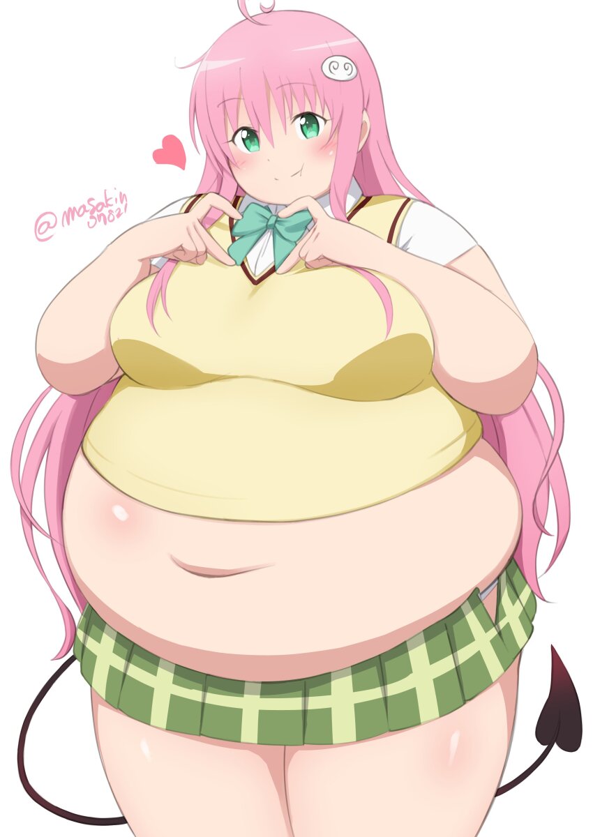 1girl absurdres ahoge big_belly blush bow bowtie breasts demon_tail fat fat_woman green_eyes green_skirt hair_ornament heart heart_hands highres lala_satalin_deviluke large_breasts long_hair masakin muffin_top navel obese obese_female panties panty_peek pink_hair plaid_clothes plaid_skirt school_uniform shirt skirt smile solo standing tail tight_clothes to_love-ru twitter_username underwear vest white_background white_panties white_shirt