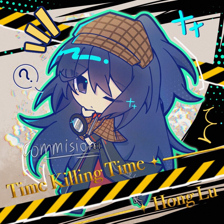 1boy black_coat black_eyes black_hair black_pants brown_capelet brown_hat cabbie_hat capelet caution_tape chibi coat full_body hat highres holding holding_magnifying_glass hong_lu_(project_moon) iris_lngx299351 limbus_company long_sleeves magnifying_glass one_eye_closed pants plaid_capelet plaid_clothes plaid_headwear project_moon solo
