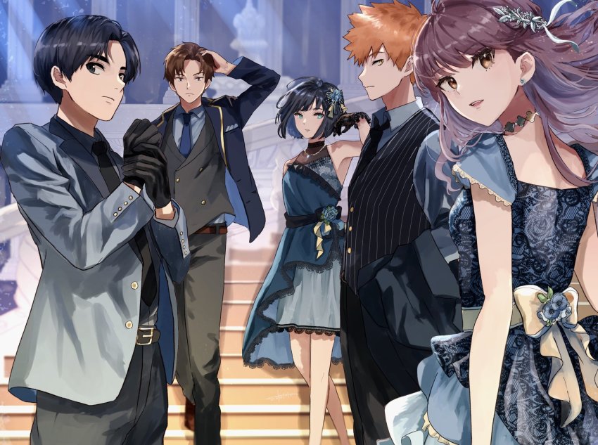 2girls 3boys adjusting_clothes adjusting_gloves adjusting_hair alternate_hairstyle arafune_tetsuji bare_arms bare_shoulders belt black_eyes black_gloves black_hair black_jacket black_necktie black_pants black_vest blue_dress blue_eyes blue_flower blue_hair blue_jacket blue_necktie blunt_bangs blurry blurry_background blush bob_cut brown_hair closed_mouth collared_shirt dress dress_shirt floating_hair flower formal_clothes gloves hair_down hair_ornament hand_in_own_hair hand_on_own_head hand_up hands_up highres indoors jacket unworn_jacket kashio_yutaka kon_yuka lace lace-trimmed_dress lace_dress lace_trim light_rays light_smile long_hair looking_at_viewer looking_back mizukami_satoshi_(world_trigger) multiple_boys multiple_girls necktie orange_hair pants parted_bangs parted_lips pillar profile purple_hair sako_(oyatutabero) sash shirt short_dress short_hair sideways_glance sleeveless sleeveless_dress stairs standing suit teruya_fumika vest world_trigger