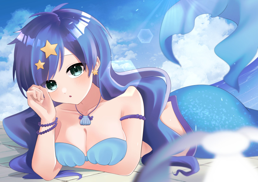 1girl absurdres arm_under_breasts armlet bare_shoulders bikini blue_hair blush bracelet breasts cleavage cloud cloudy_sky collarbone earrings fins fish_tail green_eyes hair_ornament highres houshou_hanon jewelry large_breasts long_hair looking_at_viewer lying mermaid mermaid_melody_pichi_pichi_pitch midriff monster_girl necklace nifuji official_art on_stomach open_mouth seashell shell shell_bikini shell_necklace sky star_(symbol) star_earrings star_hair_ornament sunlight tail wavy_hair
