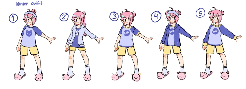 1girl ahoge animal_slippers blue_jacket commentary double_bun english_commentary english_text full_body hair_bun hairband highres hood hood_down hooded_jacket jacket nemupan open_clothes open_jacket pink_hair pink_slippers purple_eyes purple_hairband purple_jacket purple_shirt reference_sheet shirt short_shorts shorts simple_background slippers socks steam_(platform) steam_delivery_girl variations white_background white_socks yellow_shorts