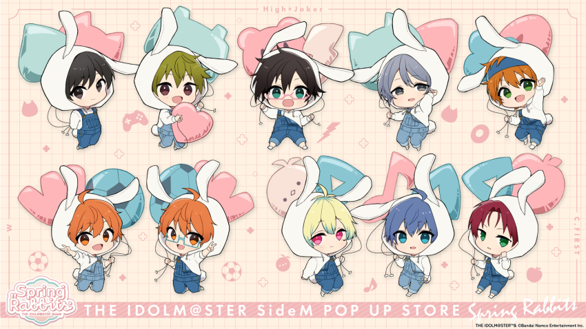 6+boys ahoge akiyama_hayato amamine_shu animal_hood antenna_hair aoi_kyosuke aoi_yusuke asymmetrical_bangs balloon blonde_hair blue-framed_eyewear blue_eyes blue_headband brothers c.first_(idolmaster) chibi fuyumi_jun glasses grey_eyes grey_hair hair_between_eyes hanazono_momohito headband high_x_joker_(idolmaster) highres holding holding_balloon hood hoodie idolmaster idolmaster_side-m iseya_shiki light_green_hair light_smile looking_at_viewer male_focus mayumi_eishin multicolored_hair multiple_boys official_art orange_eyes orange_hair pink-framed_eyewear pink_eyes rabbit_hood red_hair sakaki_natsuki siblings smile twins v wakazato_haruna