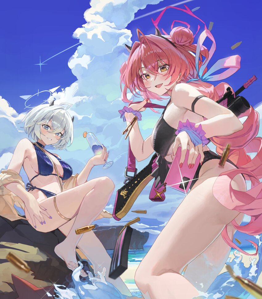2girls 5.56x45mm_nato absurdres ahoge arm_strap assault_rifle bangle barefoot bikini black_bikini black_horns blue_archive blue_bikini blue_eyes blue_sky bracelet breasts brown_eyes bullet carbine carbine_cartridge cellphone cloud cloudy_sky contrail crossed_bangs cumulonimbus_cloud cup day demon_horns diffraction_spikes dmr_cartridge double_bun erika_(blue_archive) fake_horns fang feet fingernails from_side grey_hair grey_halo grin gun gun_sling h&amp;k_hk33 hair_between_eyes hair_bun hair_intakes hair_ribbon halo halterneck highres holding holding_cup holding_phone horns intermediate_cartridge jewelry kirara_(blue_archive) large_breasts lmg_cartridge long_hair looking_at_viewer magazine_(weapon) multiple_bracelets multiple_girls nail_polish ocean open_mouth outdoors phone pink_eyes pink_hair pink_halo pink_nails purple_nails ribbon rifle rifle_cartridge scrunchie short-barreled_rifle short_hair side-tie_bikini_bottom sitting skin_fang sky smartphone smile standing starfish starshell swimsuit taking_picture thigh_strap toes very_long_hair wading water waves weapon wrist_scrunchie