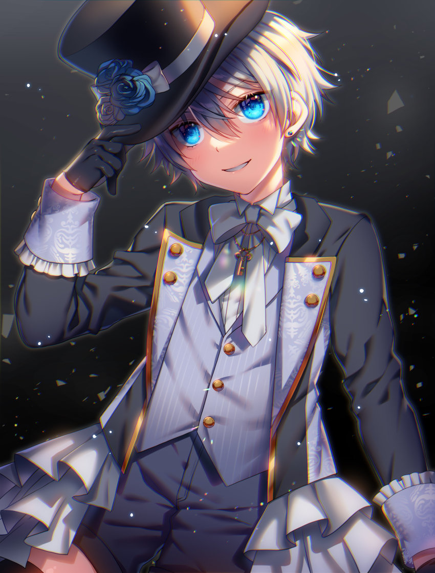 1boy absurdres aqua_eyes black_background blue_eyes bow buttons commission dark_background drill_hair earrings formal_clothes ginjiro_(ginziro525) gloves hair_between_eyes hat hat_bow highres jewelry long_sleeves looking_at_viewer male_focus original silver_hair simple_background single_earring skeb_commission smile suit teeth tilted_headwear top_hat twin_drills upper_body
