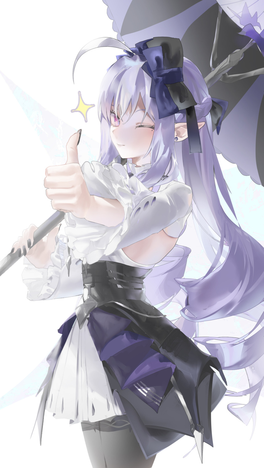 1girl absurdres black_bow black_corset black_nails black_pantyhose blush bow closed_mouth corset dress hair_between_eyes hair_bow highres holding holding_umbrella kyoro_ina long_hair looking_at_viewer one_eye_closed pantyhose pointy_ears purple_bow purple_eyes purple_hair purple_umbrella sidelocks smile solo thumbs_up umbrella vivian_(zenless_zone_zero) white_dress zenless_zone_zero