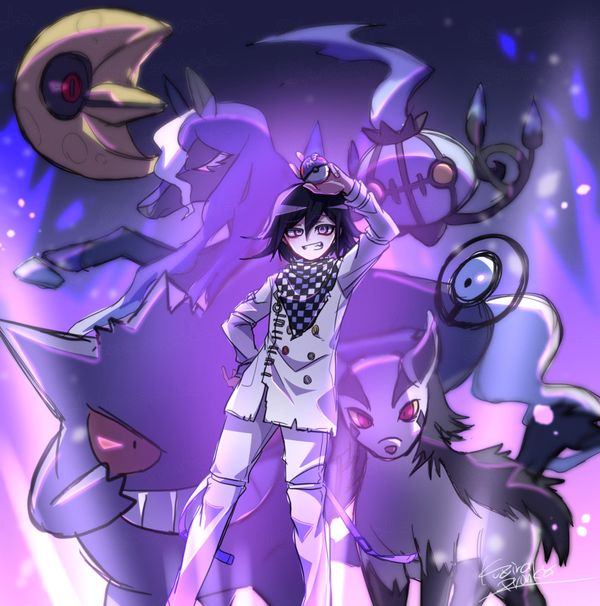 1boy absurdres arm_belt arm_up black_hair buttons chandelure checkered_clothes checkered_scarf danganronpa_(series) danganronpa_v3:_killing_harmony flipped_hair game_freak gen_1_pokemon gen_2_pokemon gen_3_pokemon gen_5_pokemon gengar ghost hair_between_eyes hand_on_own_hip highres holding holding_poke_ball horse kujira_pyon_ka long_sleeves looking_at_viewer lunatone male_focus master_ball mightyena multicolored_buttons nintendo oma_kokichi pants poke_ball pokemon pokemon_(creature) purple_eyes purple_hair purple_theme red_eyes scarf short_hair signature smile spectrier standing straitjacket teeth thigh_strap two-tone_scarf unown unown_o