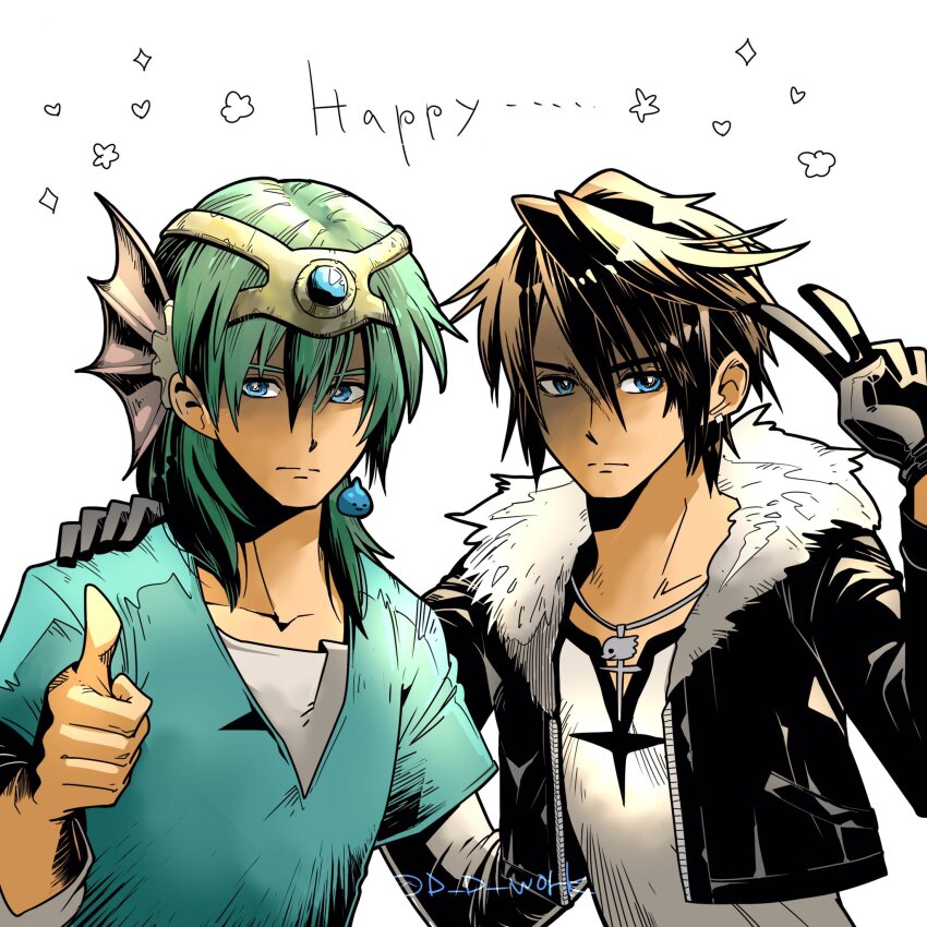 2boys aqua_eyes aqua_shirt black_gloves black_jacket blue_eyes blue_gemstone brown_hair chain chain_necklace closed_mouth cropped_jacket d_d_work dragon_quest dragon_quest_iv earrings final_fantasy final_fantasy_viii fur-trimmed_jacket fur_trim gem gloves green_hair hair_between_eyes hero_(dq4) highres jacket jewelry leather leather_jacket medium_hair multiple_boys necklace scar scar_on_face scar_on_forehead shirt short_hair single_earring slime_(creature) squall_leonhart thumbs_up twitter_username upper_body v white_background white_fur white_shirt