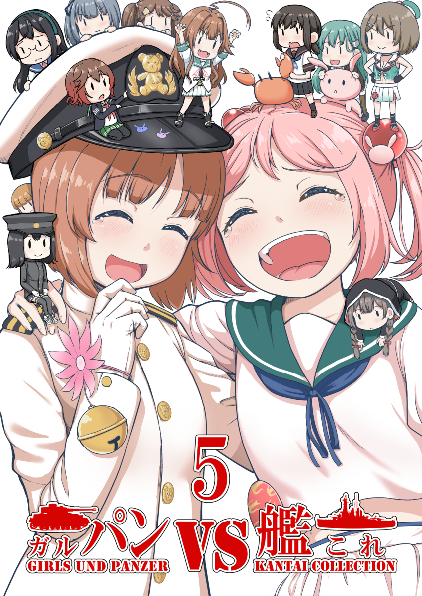 akitsu_maru_(kancolle) animal animal_on_head arm_around_back arm_around_shoulder blouse blue_neckerchief brown_hair chibi chibi_on_head chibi_on_shoulder closed_eyes commentary_request cosplay crab_on_head crossover female_admiral_(kancolle) female_admiral_(kancolle)_(cosplay) fubuki_(kancolle) fubuki_kai_ni_(kancolle) girls_und_panzer green_sailor_collar hand_on_another&#039;s_shoulder hat highres jacket kantai_collection kasumi_(kancolle) laughing long_sleeves maya_(kancolle) maya_kai_ni_(kancolle) midriff_peek military_hat military_uniform mimofu_(fullhighkick) multiple_girls mutsuki_(kancolle) mutsuki_kai_ni_(kancolle) navel neckerchief nishizumi_miho on_head ooyodo_(kancolle) open_mouth peaked_cap pink_hair rabbit rabbit_on_head ryuujou_(kancolle) sailor_collar sazanami_(kancolle) sazanami_kai_(kancolle) shinshuu_maru_(kancolle) shirt short_hair smile suzuya_(kancolle) tama_(kancolle) tama_kai_ni_(kancolle) tearing_up twintails white_hat white_jacket white_shirt