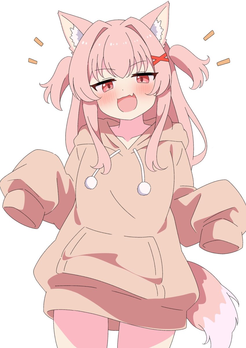 1girl :d animal_ears blush brown_hoodie dog_ears dog_girl dog_tail fang highres hood hood_down hoodie long_hair long_sleeves looking_at_viewer no_pants open_mouth original pink_eyes pink_hair simple_background skin_fang sleeves_past_fingers sleeves_past_wrists smile smug tail two_side_up yuu-chan_(inugamikenoy) yuu-kun_(inugamikenoy)