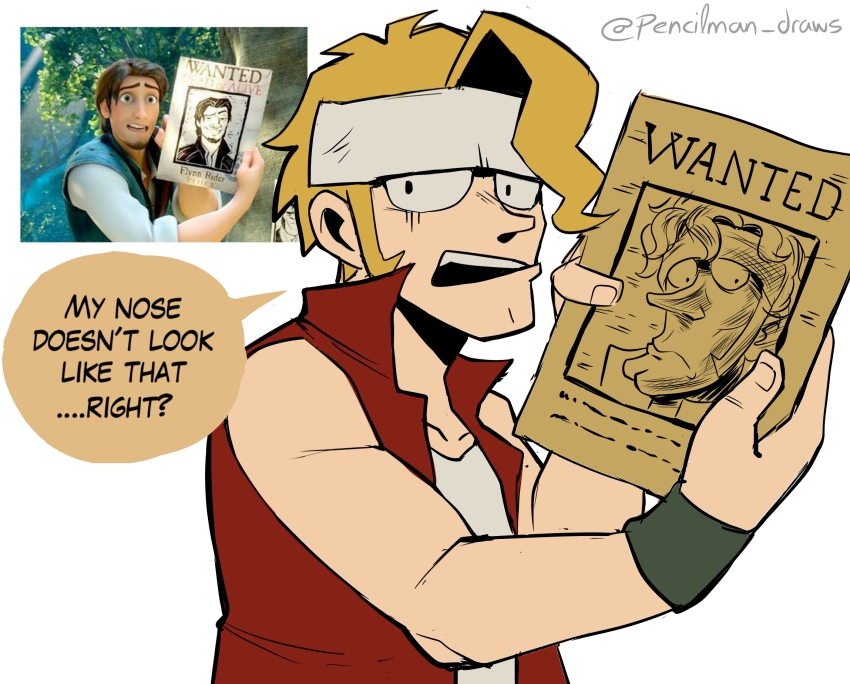 1boy blonde_hair cleft_chin commentary english_commentary english_text flynn_rider headband highres holding male_focus marco_rossi metal_slug open_mouth parody pencilman_draws red_vest reference_inset solo tangled twitter_username vest wanted_poster white_headband wristband