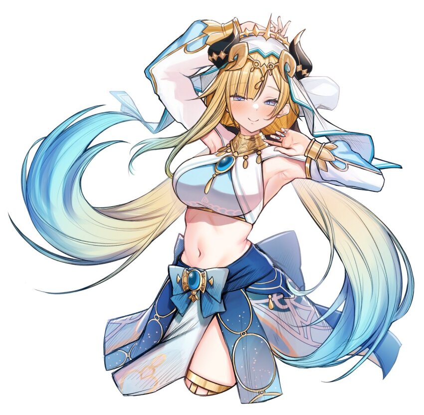1girl aizawa_ema armpits blonde_hair blue_eyes blue_gemstone blue_hair blue_skirt blunt_bangs breasts cosplay cropped_legs etona_(etona2101) gem genshin_impact gold_collar hair_flaps harem_outfit highres fake_horns horns large_breasts long_hair looking_at_viewer low_twintails midriff navel nilou_(genshin_impact) nilou_(genshin_impact)_(cosplay) shrug_(clothing) sidelocks simple_background skirt smile solo stomach twintails very_long_hair virtual_youtuber vspo! white_shrug white_sleeves