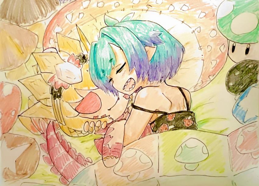 1-up_mushroom 1girl bare_shoulders black_tank_top blue_hair character_doll closed_eyes commentary_request fate/grand_order fate_(series) food_print hair_intakes highres hugging_object kilt_(user_fxvm7788) locusta_(fate) mario_(series) multicolored_hair mushroom mushroom_print nero_claudius_(fate) nintendo open_mouth pointy_ears purple_hair queen_draco_(fate) sharp_teeth sleeping solo tank_top teeth two-tone_hair under_covers