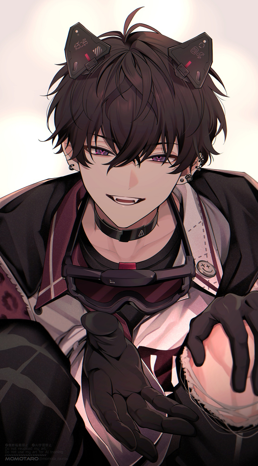 1boy animal_ears antenna_hair artist_name black_choker black_gloves black_hair black_jacket black_pants black_shirt choker collarbone collared_shirt crossed_bangs ear_piercing earrings fake_animal_ears fangs gloves goggles goggles_around_neck grey_jacket hair_between_eyes hand_up hashtag-only_commentary highres jacket jewelry long_sleeves looking_at_viewer male_focus momota_rou multicolored_jacket multicolored_shirt nijisanji open_clothes open_jacket open_mouth outstretched_hand pants paw_earrings piercing purple_eyes purple_shirt saiki_ittetsu saiki_ittetsu_(1st_costume) shirt short_hair simple_background smile solo squatting teeth torn_clothes torn_pants two-tone_jacket undershirt virtual_youtuber watermark white_background white_shirt wide_sleeves