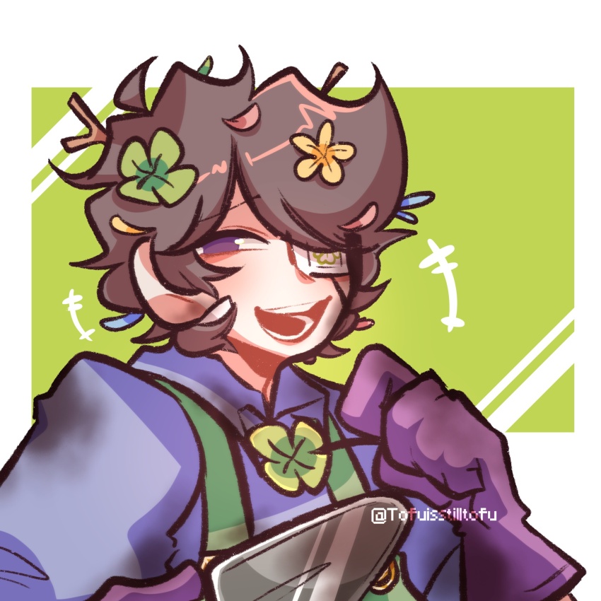 1boy ahoge border branch brown_hair clover clover_(tofuisstilltofu) clover_hair_ornament clover_print collared_shirt dirty dirty_clothes dirty_face eyepatch flower flower_on_head petals furrowed_brow gloves green_overalls hair_ornament half-closed_eyes hands_up highres holding holding_clover holding_plant holding_shovel laughing looking_at_viewer male_focus one_eye_covered open_mouth original overalls petal_on_head petals plant purple_eyes purple_gloves purple_shirt shirt short_hair shovel simple_background sleeves_rolled_up smile solo stick_in_hair teeth tofuisstilltofu trowel twitter_username upper_body white_border