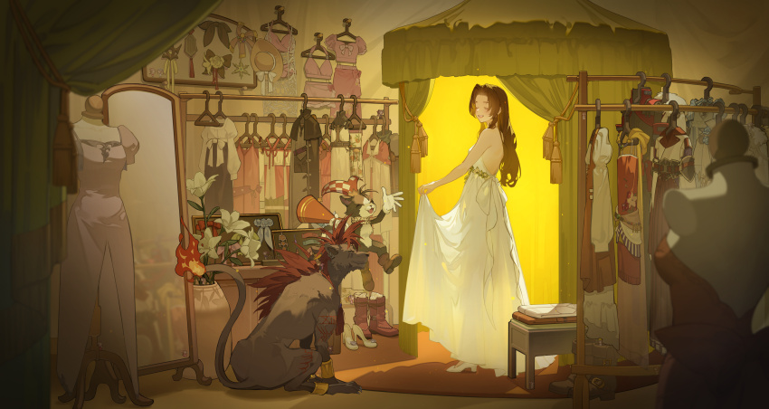 1girl 2boys absurdres aerith_gainsborough aerith_gainsborough_(white_floral_dress) brown_hair cait_sith_(final_fantasy) clothes_hanger clothes_lift crisis_core_final_fantasy_vii dress dress_lift final_fantasy final_fantasy_ix final_fantasy_tactics final_fantasy_vi final_fantasy_vii final_fantasy_vii_ever_crisis final_fantasy_vii_rebirth final_fantasy_vii_remake fire flame-tipped_tail flower hat highres jester_cap kingdom_hearts lilith-lily long_hair mirror monster_hunter_(series) multiple_boys official_alternate_costume official_alternate_hairstyle red_xiii red_xiii_(the_hellhound) smile tail