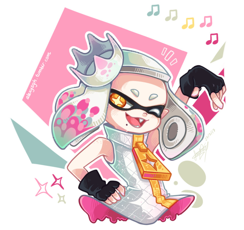 +_+ 1girl ;d cephalopod_eyes color_guide commentary crown english_commentary fingerless_gloves gloves gradient_hair inkling looking_at_viewer mole mole_under_mouth multicolored_hair nintendo one_eye_closed open_mouth pearl_(off_the_hook_outfit)_(splatoon) pearl_(splatoon) pink_hair sandragh smile splatoon_(series) splatoon_2 suction_cups symbol-shaped_pupils tentacle_hair white_hair yellow_eyes zipper_pull_tab