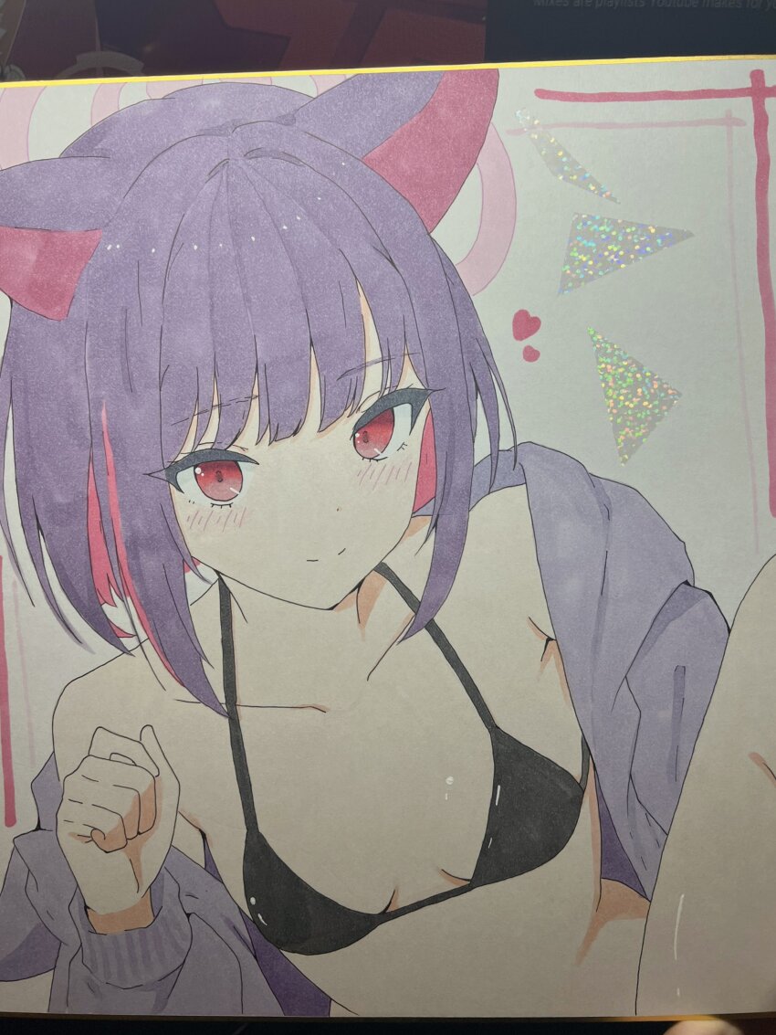 1girl absurdres alternate_costume animal_ears bikini black_bikini blue_archive blush breasts cat_ears collarbone colored_inner_hair commentary_request halo highres jacket kazusa_(blue_archive) kurumi_kororin leg_up looking_at_viewer marker_(medium) multicolored_hair open_clothes open_jacket photo_(medium) pink_hair pink_halo purple_hair purple_jacket red_eyes shikishi sidelocks small_breasts smile solo string_bikini swimsuit traditional_media
