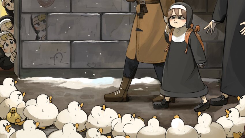 6+girls :o aged_down baby_animal backpack bag bird black_footwear blonde_hair blue_eyes brown_bag brown_coat brown_footwear brown_hair chicken clumsy_nun_(diva) coat commentary diva_(hyxpk) duck duckling english_commentary glasses_nun&#039;s_mother_(diva) glasses_nun_(diva) habit highres hungry_nun_(diva) little_nuns_(diva) multiple_girls nervous_sweating no_eyewear nun shaded_face spicy_nun_(diva) squinting sweat traditional_nun