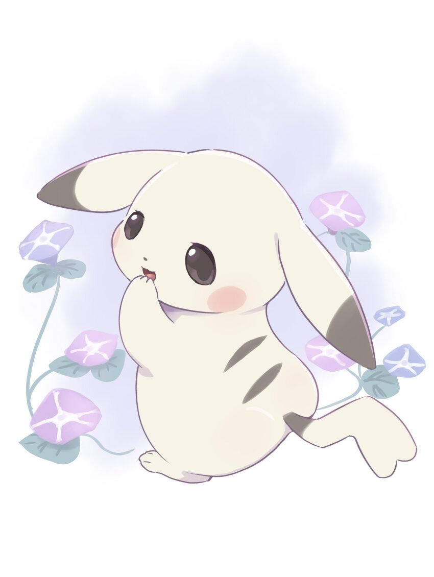 flower full_body gen_1_pokemon highres leaf nintendo no_humans open_mouth peakychu pikachu pokemon pokemon_(creature) pokemon_pokopia purple_flower solo tail ukan_muri