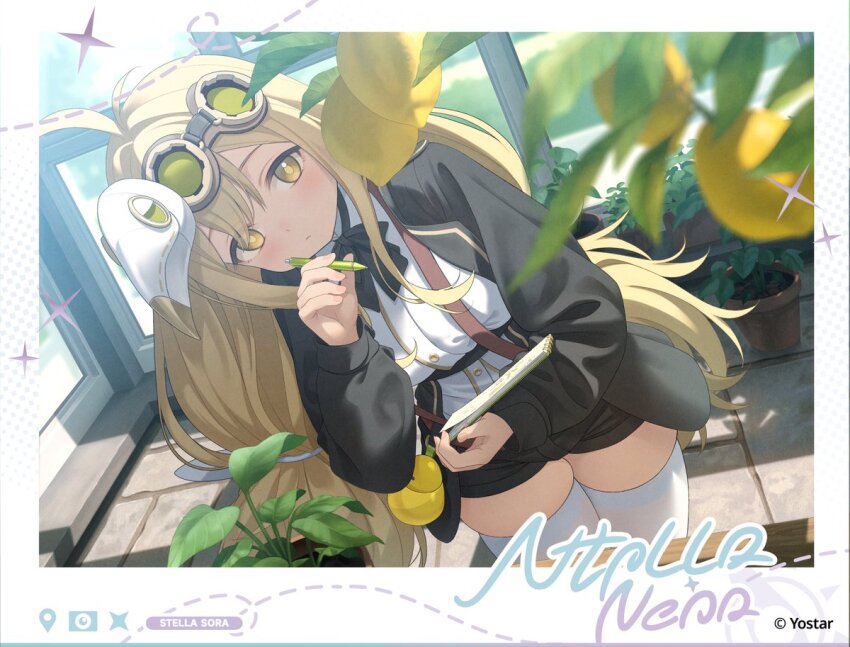 1girl black_bow black_bowtie black_jacket black_shorts blonde_hair bow bowtie closed_mouth dutch_angle food fruit goggles guest_art holding holding_pen jacket lemon long_hair long_sleeves looking_at_viewer mask mask_on_head open_clothes open_jacket pen plant ridge_(stella_sora) ruien_(wu_jui-en) shirt short_shorts shorts solo stella_sora thighhighs very_long_hair white_shirt white_thighhighs yellow_eyes