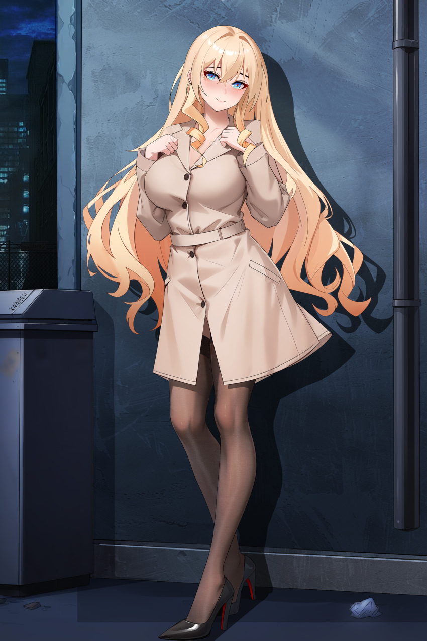 1girl black_thighhighs blonde_hair blue_eyes breasts brown_coat coat hair_between_eyes high_heels highres large_breasts lion_(warship_girls_r) long_hair long_sleeves solo standing thighhighs very_long_hair warship_girls_r xnnagu