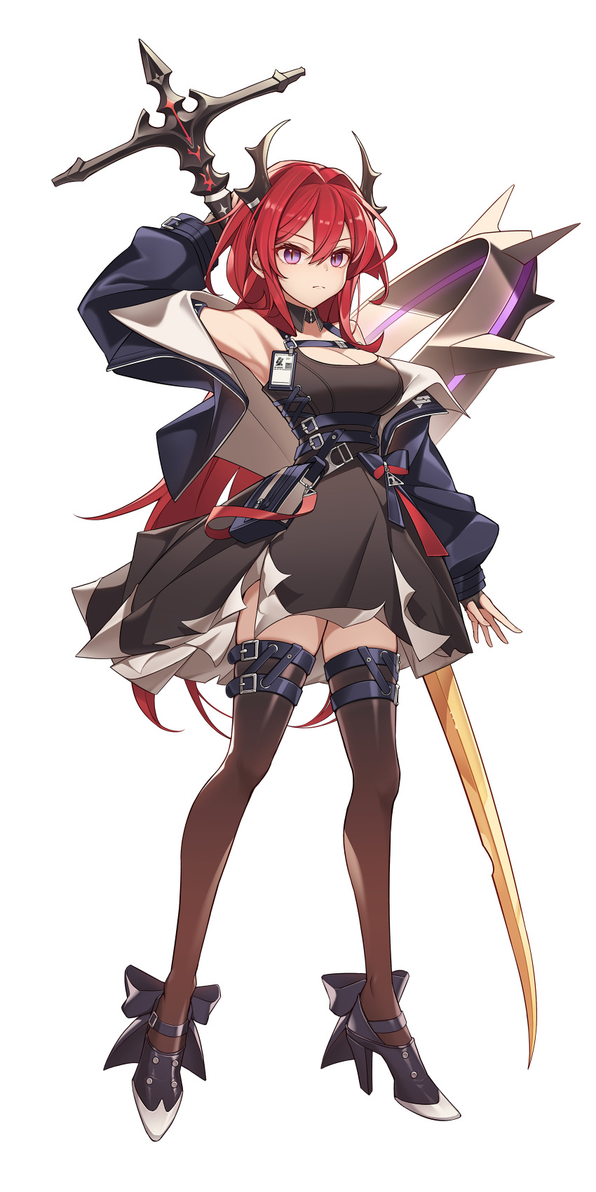 1girl absurdres arknights arm_behind_head arm_up armpits belt belt_pouch black_dress black_footwear black_jacket breasts brown_thighhighs cleavage detached_collar dress full_body hair_between_eyes hair_intakes high_heels highres holding holding_sword holding_weapon horns huge_weapon id_card jacket large_breasts long_hair long_sleeves looking_at_viewer multiple_belts off_shoulder open_clothes open_jacket pouch purple_eyes red_hair short_dress simple_background sleeveless sleeveless_dress slit_pupils solo standing surtr_(arknights) sword thighhighs very_long_hair weapon white_background yeong_r6 zettai_ryouiki
