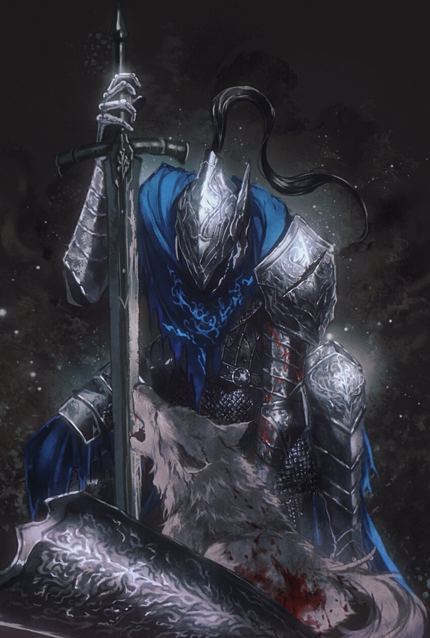 1boy animal armor artorias_the_abysswalker black_background blood blood_on_arm commentary dark_souls_(series) dark_souls_i english_commentary full_armor gauntlets greatsword grey_wolf helmet highres holding holding_sword holding_weapon knight open_mouth pauldrons plume shield shoulder_armor squatting sword weapon wolf yujia0412