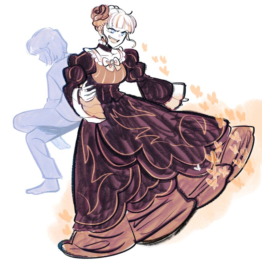 1girl ange_(angeban93) beatrice_(umineko) black_dress blue_eyes breasts bug butterfly character_request commentary dress english_commentary fang flower hair_flower hair_ornament highres insect long_dress medium_breasts red_flower smile teeth umineko_no_naku_koro_ni upper_teeth_only v-shaped_eyebrows white_background yellow_butterfly