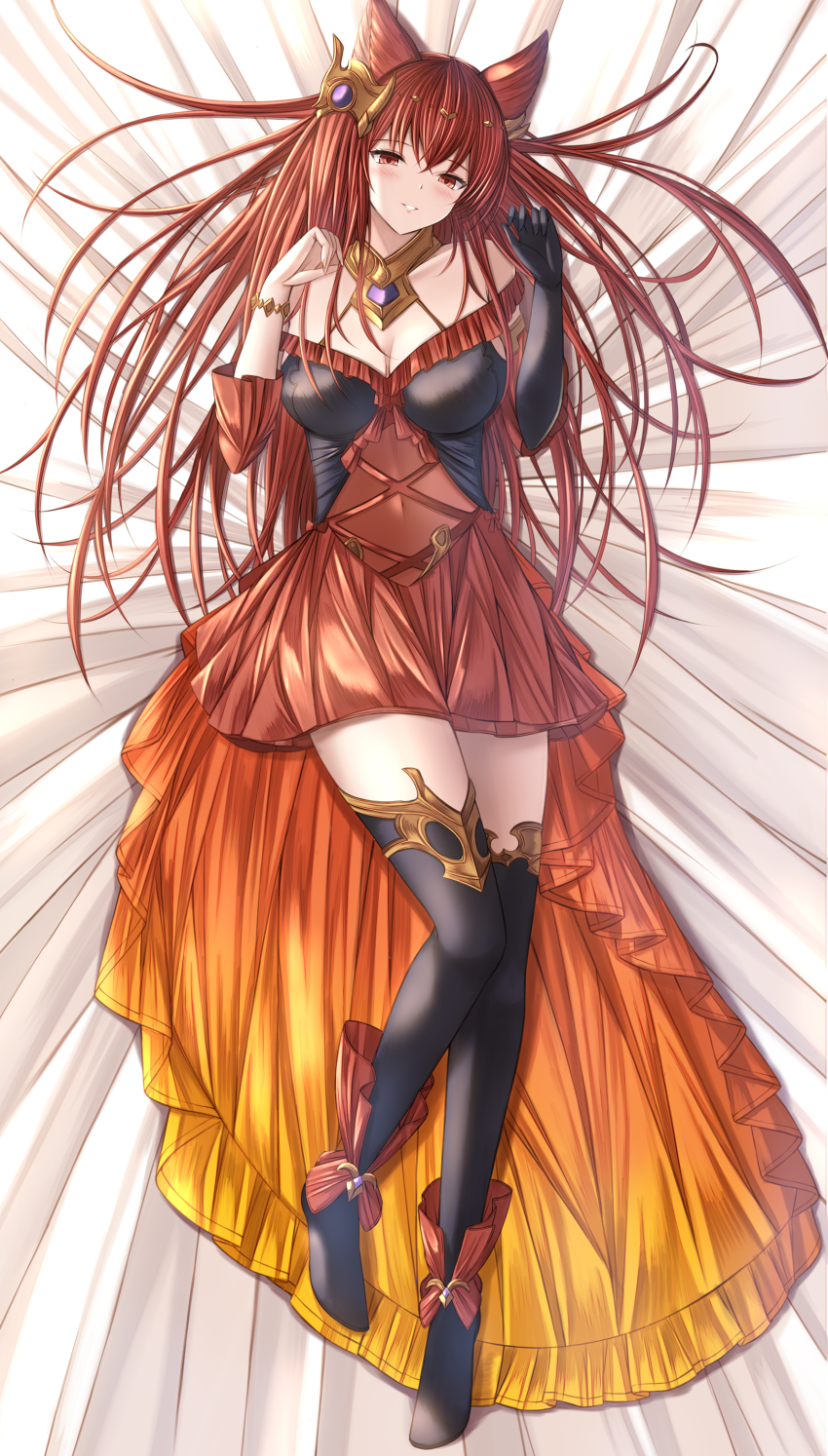 1girl absurdres animal_ears anthuria bare_shoulders black_thighhighs dress erune full_body granblue_fantasy highres kanpyou_(hghgkenfany) long_hair looking_at_viewer lying on_back red_dress red_hair thighhighs