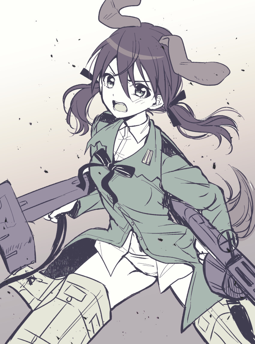 1girl animal_ears bad_id bad_pixiv_id black_ribbon breasts brown_background brown_hair collared_shirt dog_ears dog_girl dog_tail double-drum_magazine drum_magazine eyebrows_hidden_by_hair female_focus gertrud_barkhorn gradient_background green_jacket gun hair_between_eyes hair_ribbon high-capacity_magazine highres holding holding_gun holding_weapon ichiren_namiro jacket long_hair low_twintails machine_gun magazine_(weapon) mg42 navel neck_ribbon open_mouth panties ribbon saddle-drum shirt small_breasts solo strike_witches striker_unit tail twintails underwear v-shaped_eyebrows weapon white_background white_panties white_shirt world_witches_series