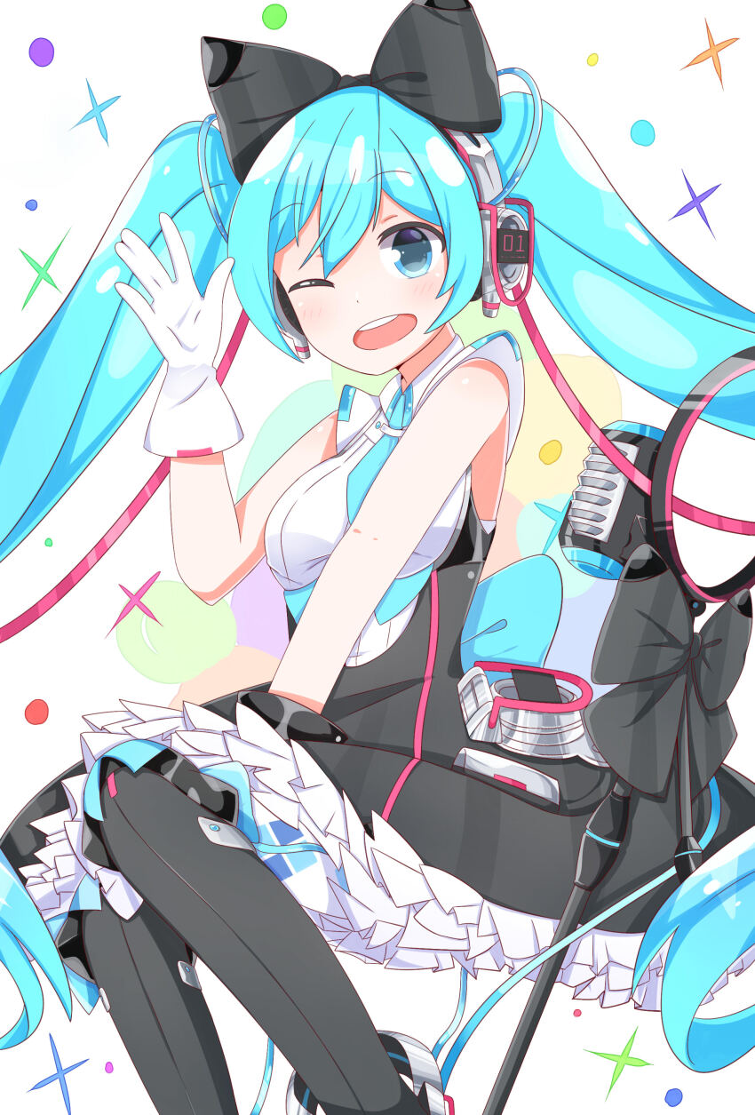 1girl 39_music_(vocaloid) ;d absurdres bare_shoulders black_boots black_dress blue_eyes blue_hair boots breasts collared_shirt commentary_request dress feet_out_of_frame gloves hand_up hatsune_miku highres knee_boots long_hair looking_at_viewer magical_mirai_(vocaloid) magical_mirai_miku magical_mirai_miku_(2016) medium_breasts microphone one_eye_closed open_mouth pantyhose roin shirt sleeveless sleeveless_shirt smile solo teeth twintails upper_teeth_only very_long_hair vocaloid white_gloves white_pantyhose white_shirt ||/