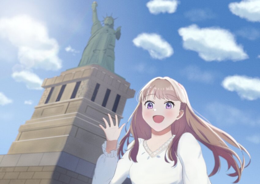 1girl :d blue_sky breasts brown_hair cloud commentary_request day fujishima_megumi fujishima_megumi_(summer_casual) link!_like!_love_live! long_hair long_sleeves looking_at_viewer love_live! medium_breasts new_york_city open_mouth outdoors pochieese purple_eyes real_world_location shirt sky smile solo statue statue_of_liberty two_side_up upper_body v-neck virtual_youtuber white_shirt