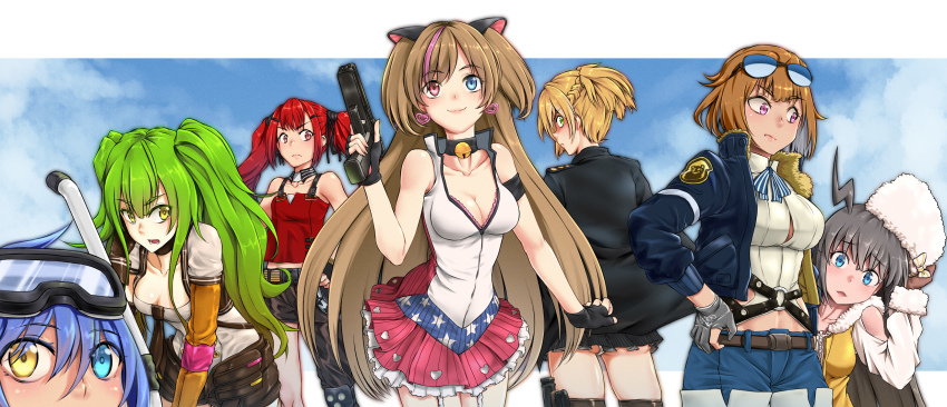6+girls ahoge american_flag_dress animal_ears ass asymmetrical_clothes bare_shoulders bell black_gloves black_hair black_jacket black_legwear blonde_hair blue_eyes blue_hair braid breasts brown_gloves brown_hair button_gap cat_ears choker cleavage clothing_cutout collarbone cz75_(girls&#039;_frontline) cz_75 diving_mask diving_mask_on_head earrings eyewear_on_head fingerless_gloves french_braid fur_hat girls&#039;_frontline gloves goggles goggles_on_head green_eyes green_hair grizzly_mkv_(girls&#039;_frontline) gun h&amp;k_mark_23 hair_between_eyes hair_ornament hairclip handgun hat heart heart_earrings heckler_&amp;_koch heterochromia highres holding holding_gun holding_weapon jacket jewelry jingle_bell long_hair long_sleeves looking_at_viewer looking_back m950a_(girls&#039;_frontline) match_grade match_grade_firearm match_grade_pistol medium_breasts miniskirt mk23_(girls&#039;_frontline) multicolored_hair multiple_girls neck_bell offensive_handgun open_mouth panties pantyshot partially_fingerless_gloves pistol purple_eyes red_eyes red_hair shirt short_hair shorts shoulder_cutout single_pantsleg skirt smile snorkel spp-1_(girls&#039;_frontline) standing stechkin_(girls&#039;_frontline) streaked_hair sunglasses sunglasses_on_head thighhighs twintails underwear ushanka weapon welrod_mkii_(girls&#039;_frontline) white_panties white_shirt yamauchi_(conan-comy) yellow_eyes