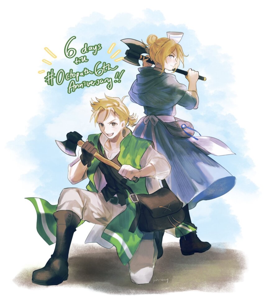 1boy 1girl alfyn_(octopath_traveler) alfyn_greengrass aubz blonde_hair blue_shawl castti_florenz cloak closed_mouth gloves hair_ornament hat highres holding nurse_cap octopath_traveler octopath_traveler_i octopath_traveler_ii open_mouth shawl short_hair simple_background smile weapon