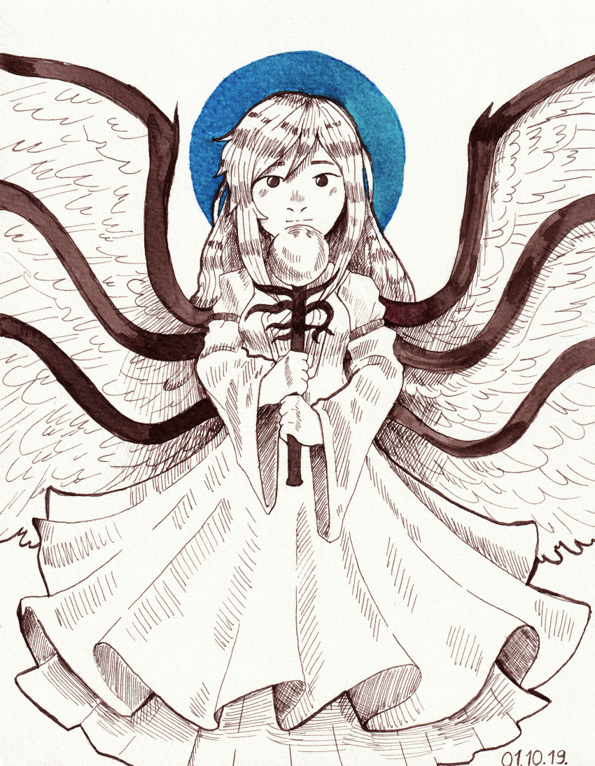 1girl 2019 absurdres breasts closed_mouth commentary dated dress dungeon_toaster english_commentary feathered_wings hair_between_eyes highres holding inktober oversized_wings long_hair long_sleeves sariel_(touhou) simple_background small_breasts solo spot_color touhou touhou_(pc-98) traditional_media white_background wide_sleeves wings
