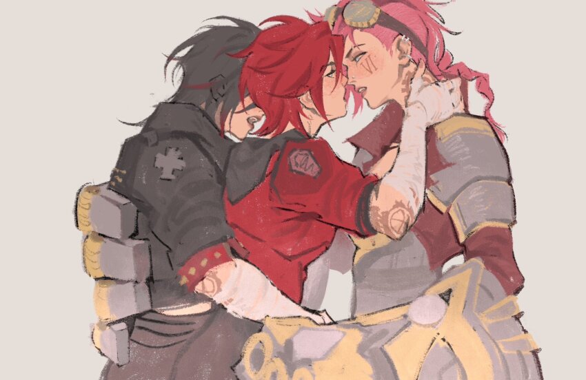 3girls arcane:_league_of_legends arcane_vi armor bandaged_arm bandages black_hair black_jacket black_pants blue_eyes blush braid ear_piercing earrings face_piercing facial_tattoo gauntlets goggles goggles_on_head group_hug hand_on_another&#039;s_neck highres hood hoodie hug imminent_kiss jacket jewelry league_of_legends marinhush medium_hair multiple_girls neck_tattoo nose_piercing pants piercing pink_hair red_hair red_jacket selfcest short_hair shoulder_armor tattoo vi_(league_of_legends) yuri