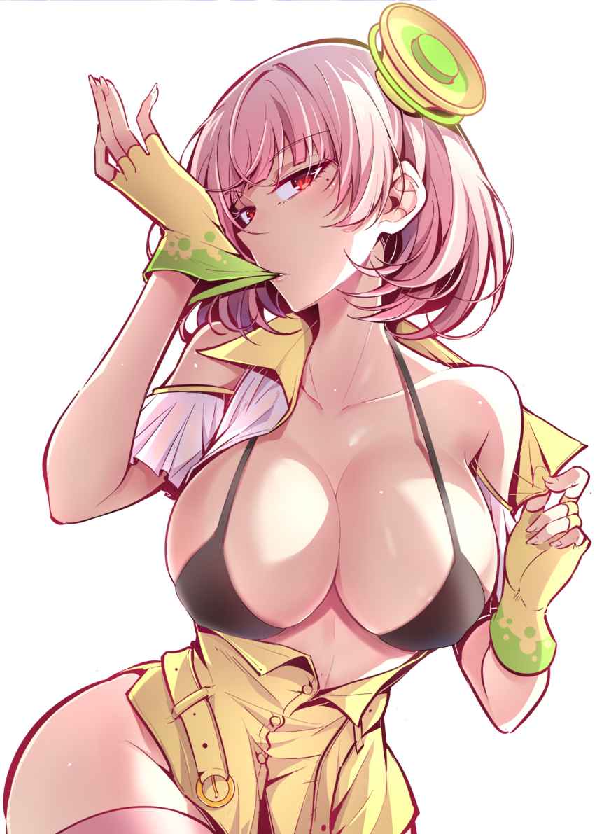 1girl bare_shoulders bikini biting biting_glove black_bikini blush breasts cleavage coat collarbone cowboy_shot fei_luo_mao female_focus fingerless_gloves gloves groin hair_ornament highres kamen_rider kamen_rider_ex-aid_(series) large_breasts looking_at_viewer mole mole_under_eye open_clothes pink_hair pink_thighhighs poppi_pipopapo red_eyes short_sleeves solo swimsuit thighhighs tsurime yellow_coat yellow_gloves