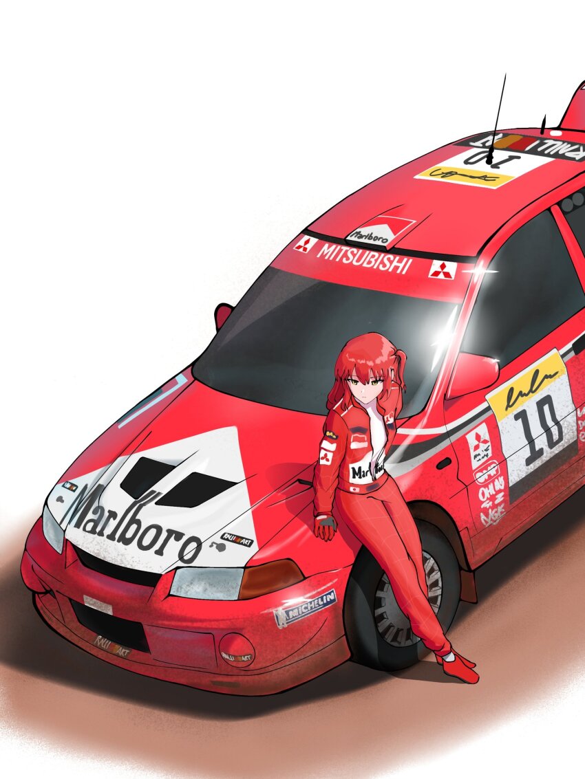 1girl bocchi_the_rock! brown_eyes car gloves hair_behind_ear highres jacket japanese_flag kita_ikuyo marlboro mitsubishi_lancer_evolution mitsubishi_motors motor_vehicle one_side_up pants race_vehicle racecar radio_antenna rally_car red_footwear red_gloves red_jacket red_pants shadow shirt solo toyeeta_prius vehicle_focus white_background white_shirt world_rally_championship