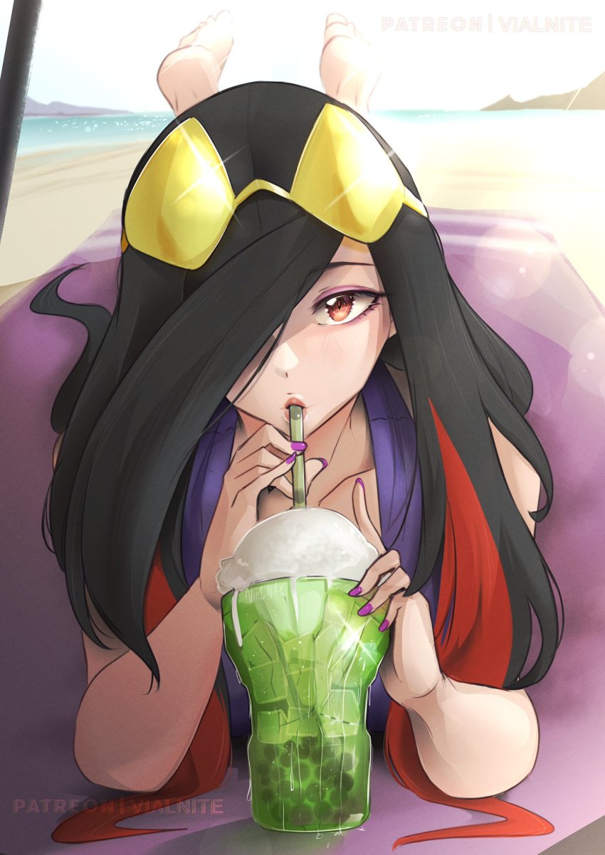 1girl artist_name barefoot beach beach_mat black_hair collarbone cup drinking drinking_straw elbow_rest eyeshadow eyewear_on_head frontier_brain glint hair_over_one_eye hair_strand highres legs_up lens_flare lips long_hair looking_at_viewer lucy_(pokemon) lying makeup multicolored_hair nail_polish nintendo ocean on_stomach one-piece_swimsuit patreon_username pokemon pokemon_emerald pokemon_rse purple_eyeshadow purple_nails purple_one-piece_swimsuit red_eyes red_hair sand solo sunglasses swimsuit tinted_eyewear two-tone_hair very_long_hair vialnite yellow-tinted_eyewear