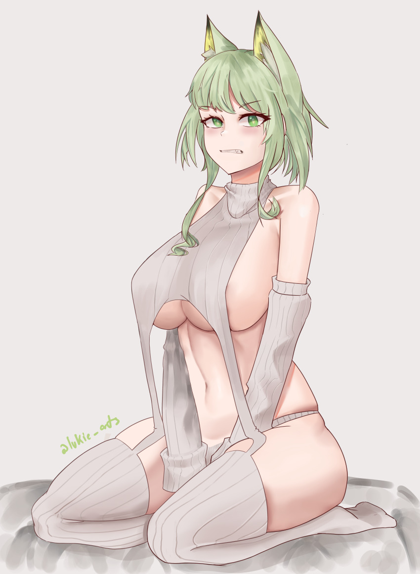 1girl absurdres animal_ear_fluff animal_ears arknights artist_name bare_shoulders between_legs breasts cat_ears clenched_teeth detached_sleeves full_body green_eyes green_hair grey_background hand_between_legs highres kal&#039;tsit_(arknights) large_breasts long_sleeves looking_at_viewer lukie_arts panties parted_lips revealing_clothes seiza short_hair_with_long_locks sidelocks simple_background sitting skindentation solo teeth thighhighs underboob underwear v-shaped_eyebrows white_panties white_thighhighs