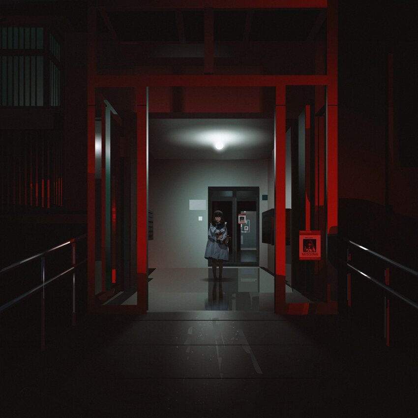 1girl black_hair blunt_bangs bridge closed_mouth collar collared_dress commentary dark_foreground door dress english_commentary expressionless frilled_collar frills full_body glowing glowing_eyes highres holding holding_stuffed_toy light_bulb lipstick long_sleeves makeup medium_hair missing_poster night original poster_(object) red_lips reflective_floor shadow short_dress solo stuffed_animal stuffed_toy teddy_bear white_collar white_dress white_eyes white_sleeves wide_shot yun_ling