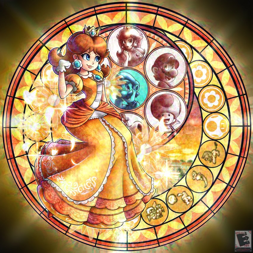 2boys 2girls amyroser birdo brown_hair crown dive_to_the_heart dragonzamasu dress earrings facial_hair flower_earrings friends full_body gloves grin hat highres hiyoihoi jewelry king_totomesu kingdom_hearts luigi mario mario_(series) multiple_boys multiple_girls mustache nintendo orange_dress princess_daisy princess_peach puffy_short_sleeves puffy_sleeves short_sleeves smile super_mario_land super_smash_bros. tagme tatanga toad_(mario)