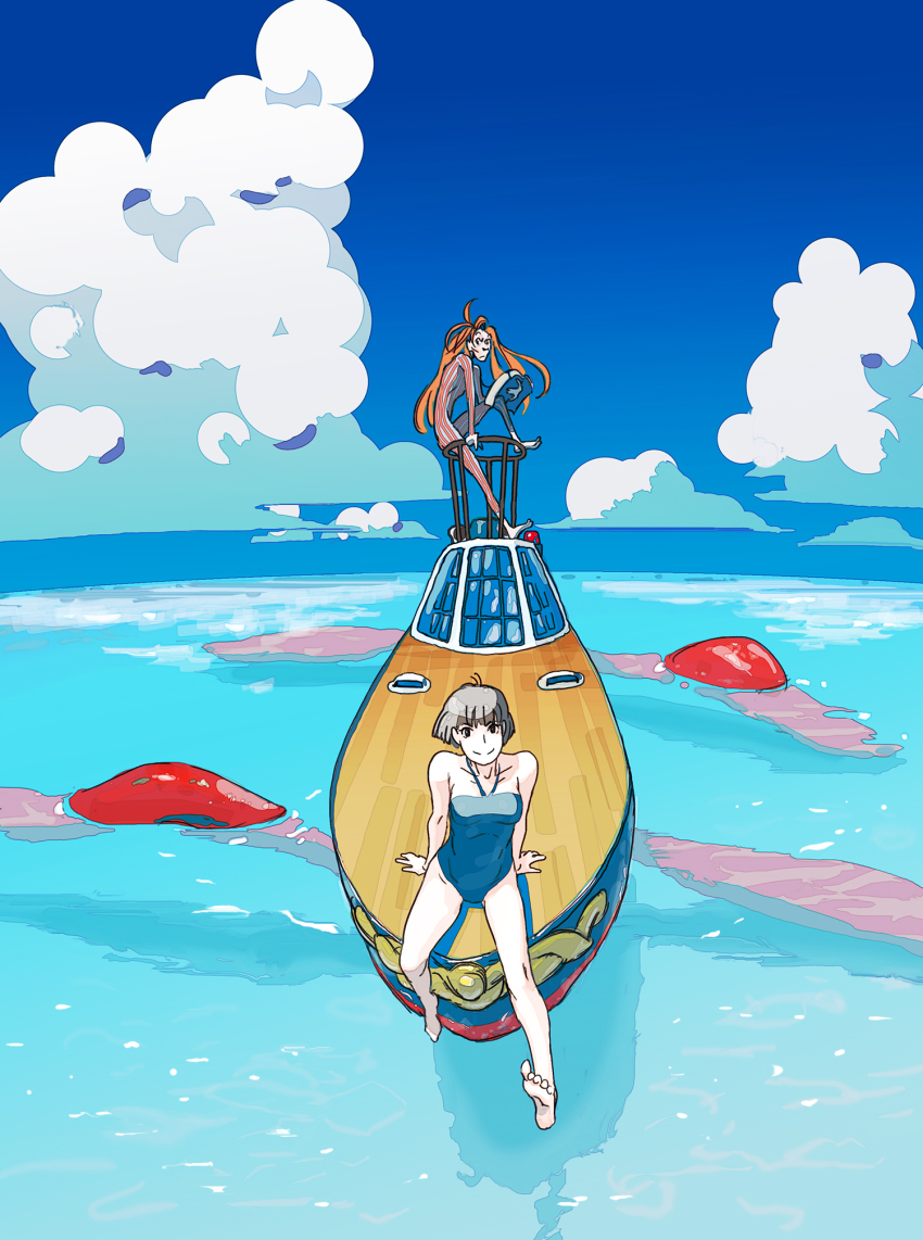 00s 1boy 1girl arm_support bare_shoulders barefoot black_hair blue_one-piece_swimsuit boat book cloud collarbone day frown fujimoto gake_no_ue_no_ponyo highres horizon leaning legs long_hair ocean one-piece_swimsuit orange_hair lisa_(ponyo) short_hair sitting sky smile standing striped studio_ghibli swimsuit tombiiwa watercraft