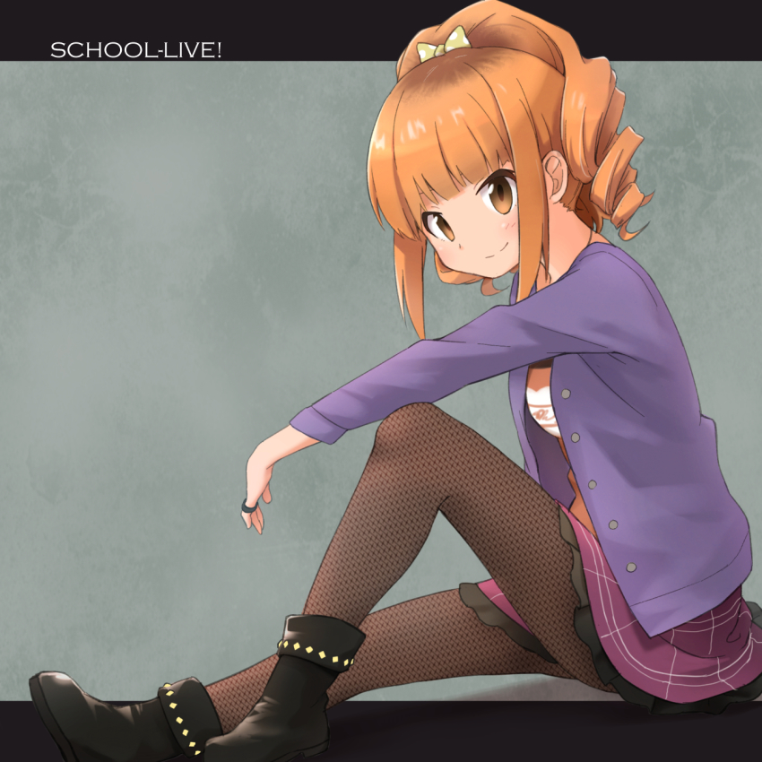 10s 1girl bad_id bad_pixiv_id blush boots bow copyright_name drill_hair english_text female_focus fishnets gakkou_gurashi! hair_bow highres hikarizato_akira jewelry long_sleeves looking_at_viewer medium_hair okayparium orange_eyes orange_hair pantyhose purple_skirt ring skirt smile solo yellow_bow
