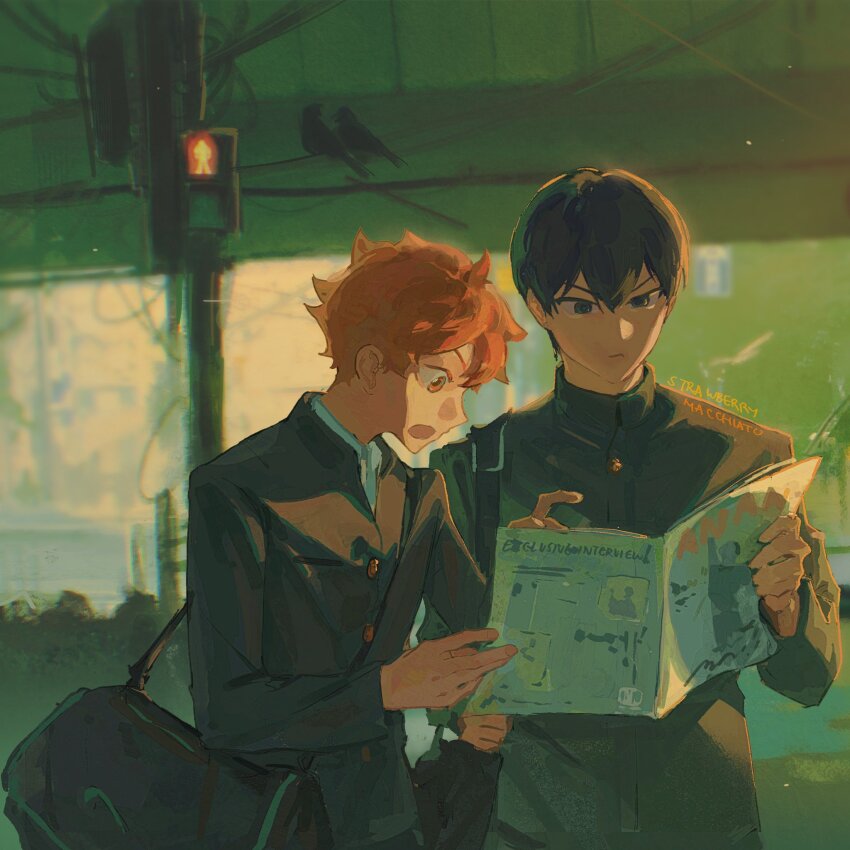 2boys black_bag black_eyes black_shirt closed_mouth haikyuu!! highres hinata_shouyou holding holding_magazine kageyama_tobio long_sleeves magazine_(object) male_focus multiple_boys open_mouth orange_eyes sberrymacchiato shirt traffic_light