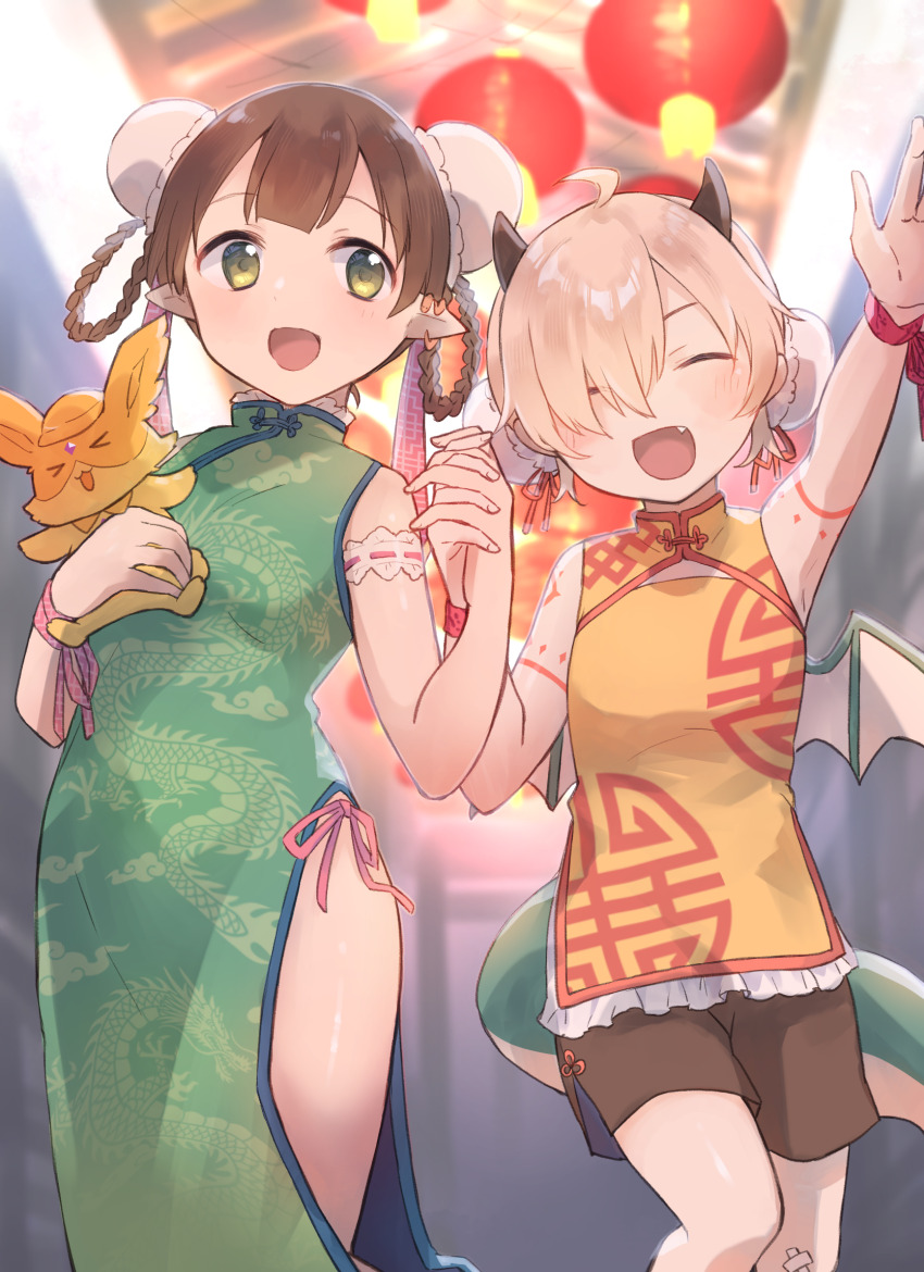 2girls :d ^_^ arm_up ayumi_(princess_connect!) bare_shoulders blurry blurry_background blush braid brown_shorts bun_cover china_dress chinese_clothes closed_eyes commentary_request depth_of_field double_bun dragon_girl dragon_horns dragon_tail dragon_wings dress fang green_dress gucchiann hair_bun hair_over_one_eye hair_rings hand_up hands_up highres holding_hands horns inori_(princess_connect!) interlocked_fingers light_brown_hair multiple_girls open_mouth pelvic_curtain princess_connect! shorts sleeveless sleeveless_dress smile tail torii twin_braids white_wings wings yellow_dress