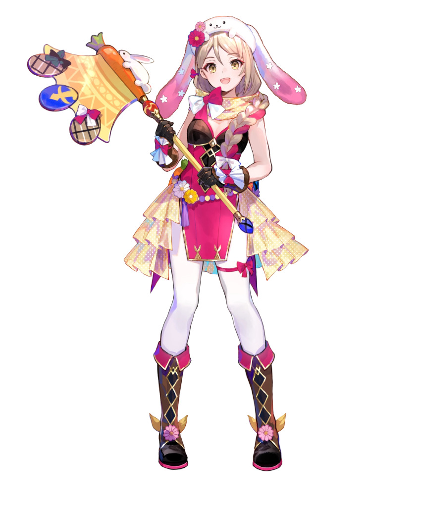 1girl animal_hat axe braid braided_ponytail breasts brown_gloves cleavage cute_weapon fire_emblem fire_emblem_engage framme_(fire_emblem) framme_(spring)_(fire_emblem) gloves green_eyes hair_over_shoulder hat highband highres holding holding_axe looking_at_viewer nintendo non-web_source official_alternate_costume official_art open_mouth pantyhose pelvic_curtain ponytail rabbit_hat scarf small_breasts smile solo tachi-e thigh_strap weapon white_pantyhose