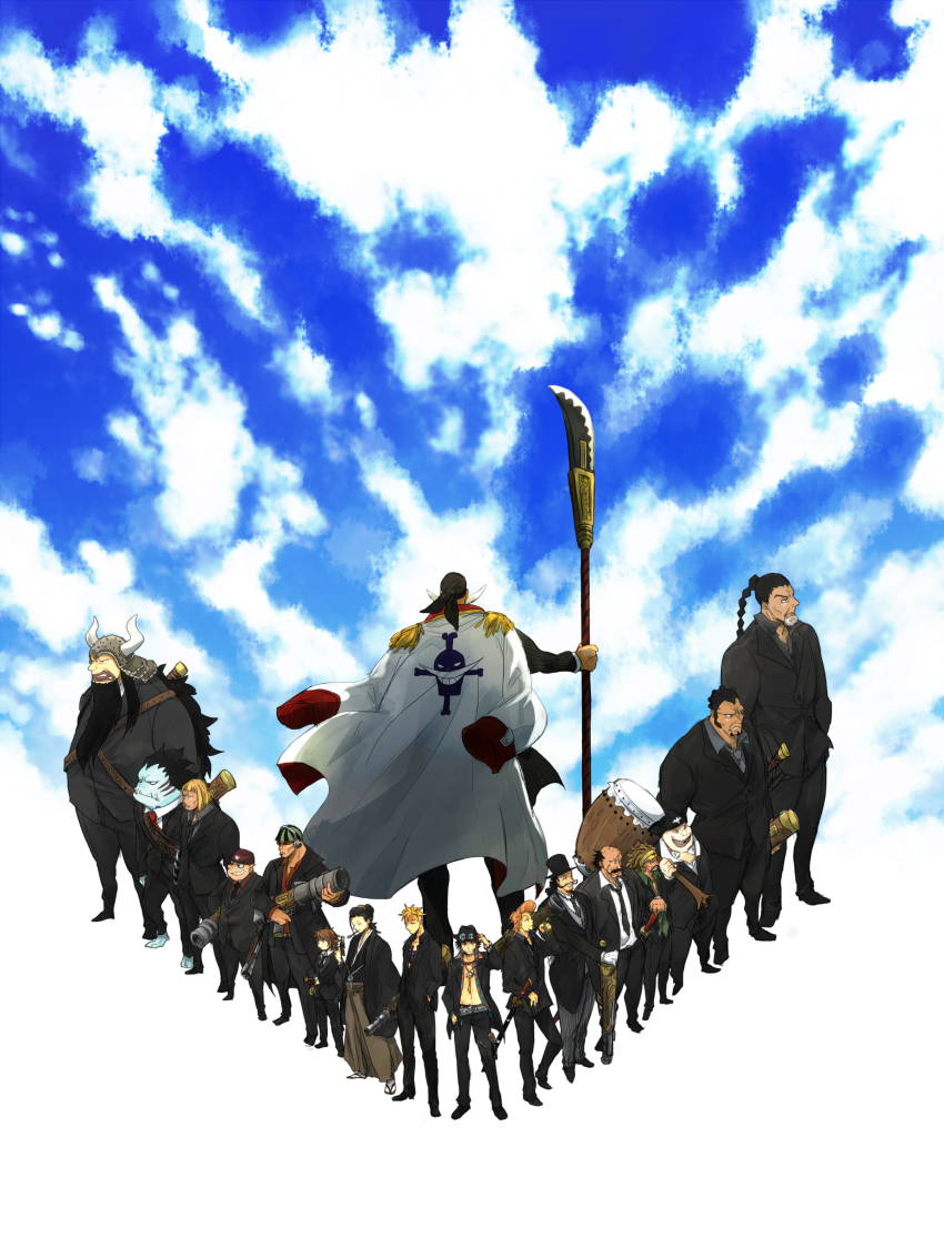 6+boys absurdres atmos_(one_piece) bandana beard black_hair blamenco blenheim blonde_hair blue_skin blue_sky braid brown_hair coat colored_skin curiel_(one_piece) edward_newgate epaulettes everyone facial_hair flower_sword_vista formal_clothes fossa_(one_piece) full_body goggles grin gun hammer haruta_(one_piece) hat helmet highres horns izou_(one_piece) jacket jacket_on_shoulders japanese_clothes jewelry jolly_roger jozu_(one_piece) kingdew kuta_(maka) long_coat m1_bazooka male_focus marco_(one_piece) monster_boy multiple_boys mustache namur_(one_piece) necklace necktie one_piece open_clothes open_shirt pirate polearm pompadour portgas_d._ace rakuyou_(one_piece) rocket_launcher scar sharp_teeth shirt single_horn size_difference sky smile smoking_pipe speed_jiru stampede_string standing suit sunglasses sword tattoo teeth thatch_(one_piece) top_hat weapon whitebeard_pirates_jolly_roger